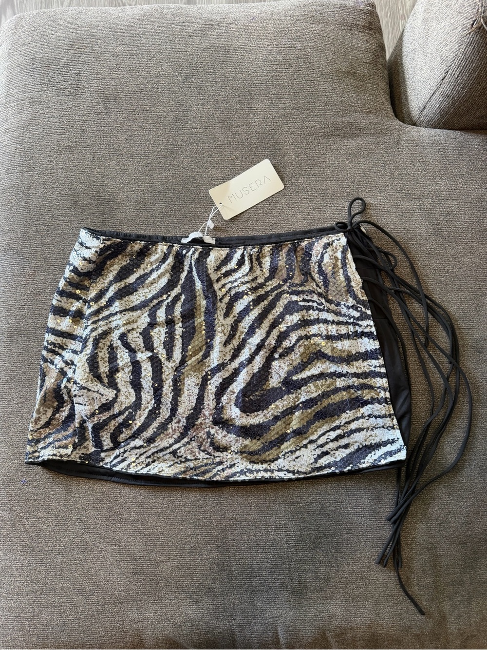 Musera Sequin Zebra Mini Skirt in Black and Silver with Side Tie
